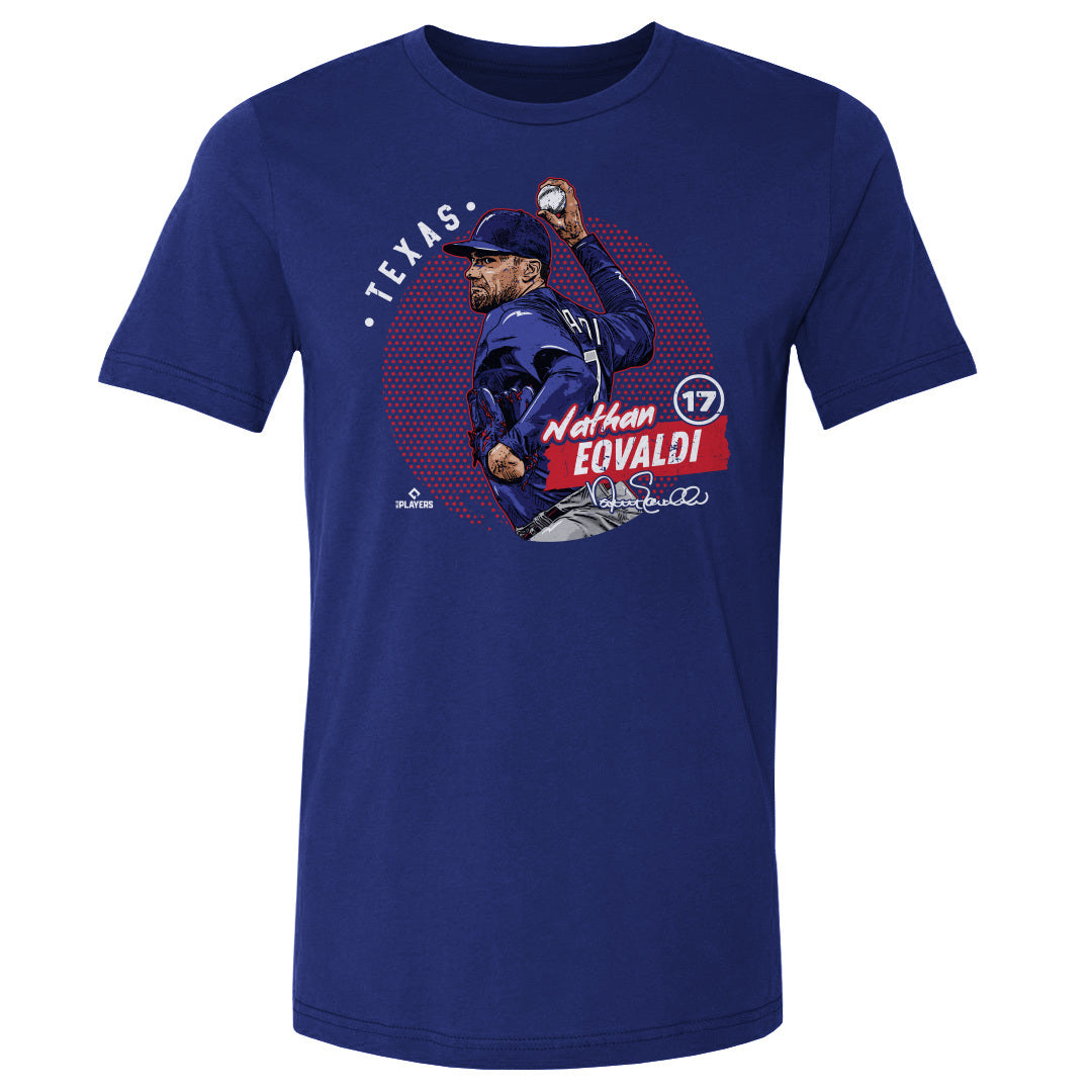 Texas Rangers Nathan Eovaldi Men's Cotton T-Shirt - Royal Blue - Texas | 500 Level Major League Baseball Players Association (MLBPA)